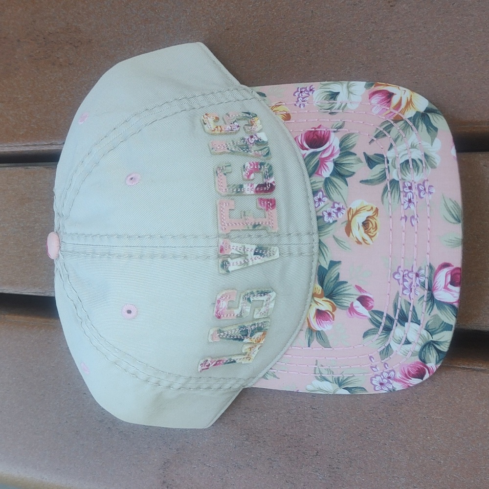 Las Vegas Stitched Letters Floral Visor Beige Strapback Hat Cap New